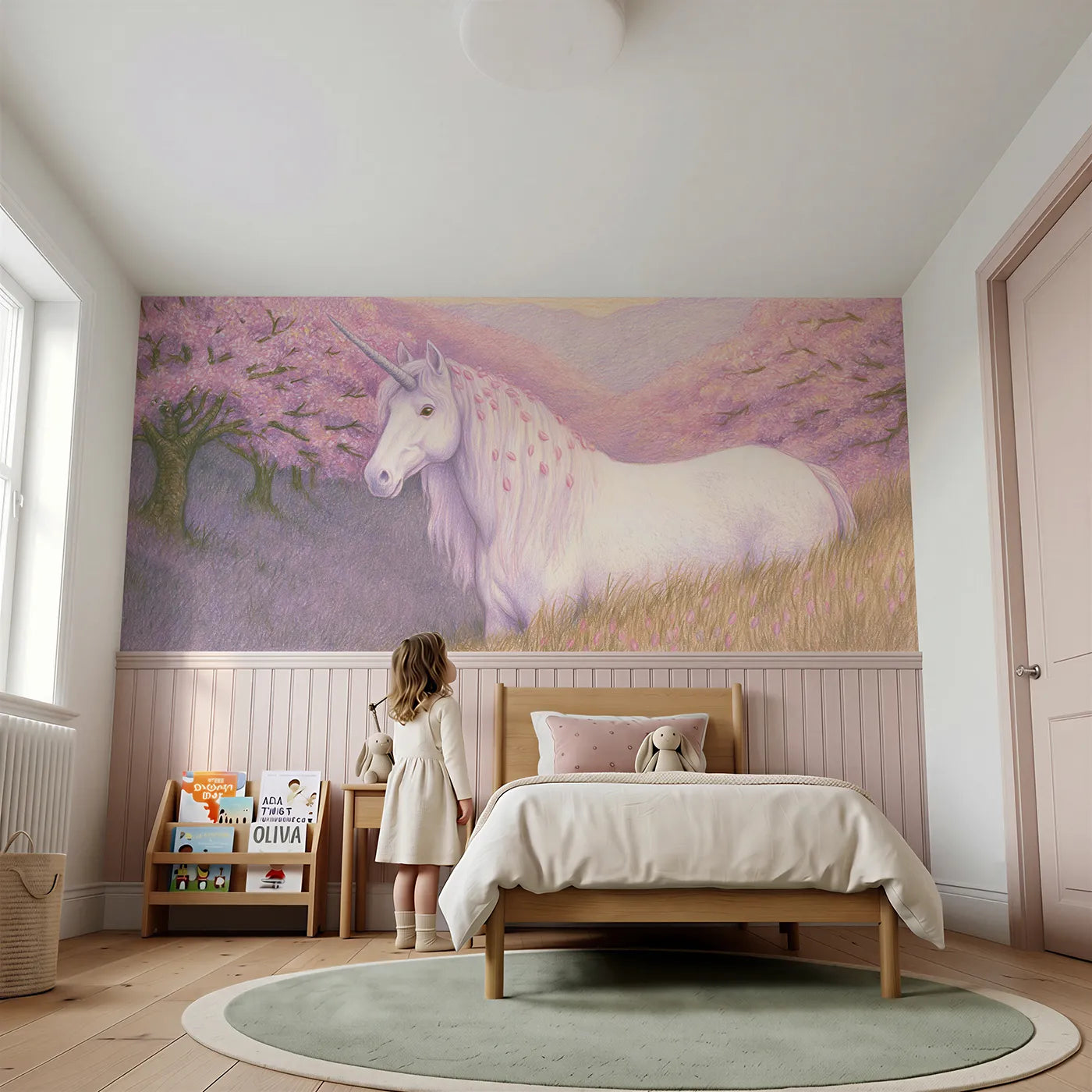 Child reading near Petals In The Mane Wainscoting Wallpaper by Whimsy Tots