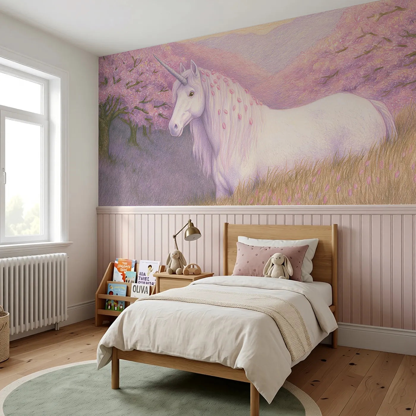 Petals In The Mane Wainscoting Wallpaper styled in a kids room by Whimsy Tots