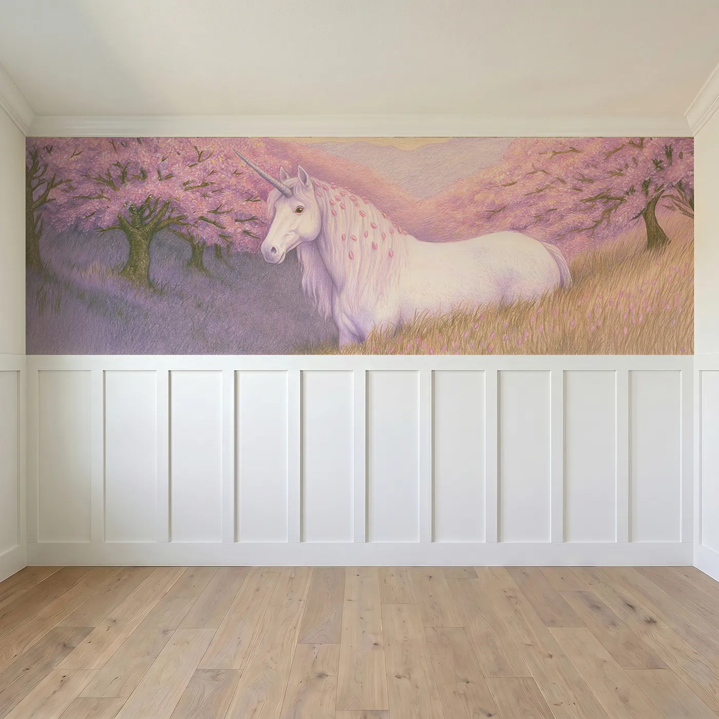 Full panel view of Petals In The Mane Wainscoting Wallpaper by Whimsy Tots