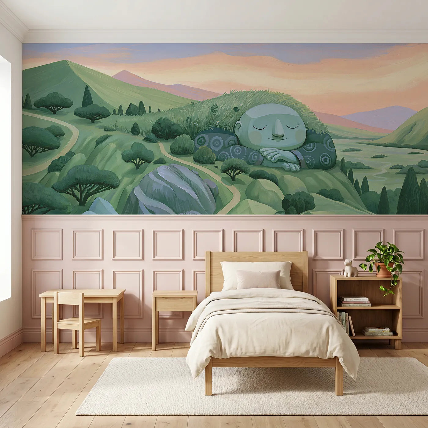 Modern illustration wainscoting wallpaper of the gentle giant asleep by Whimsy Tots
