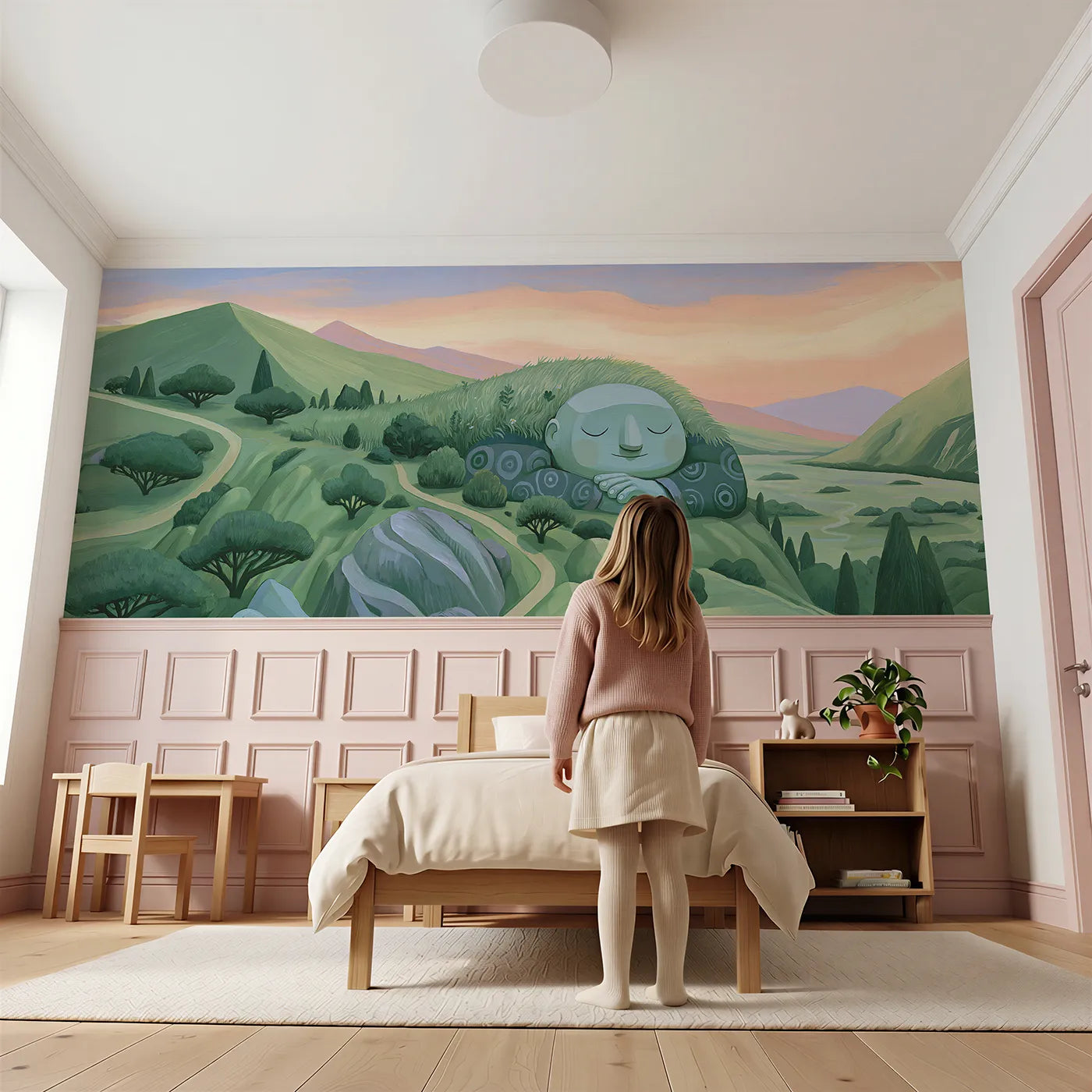 Child reading near The Gentle Giant Asleep Wainscoting Wallpaper by Whimsy Tots