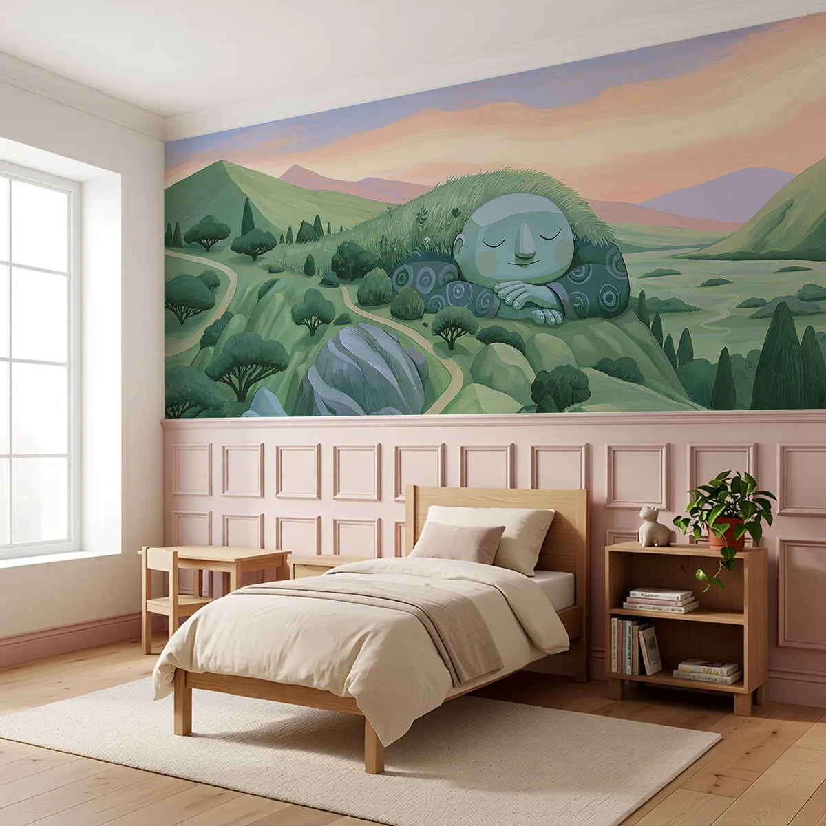 The Gentle Giant Asleep Wainscoting Wallpaper styled in a kids room by Whimsy Tots