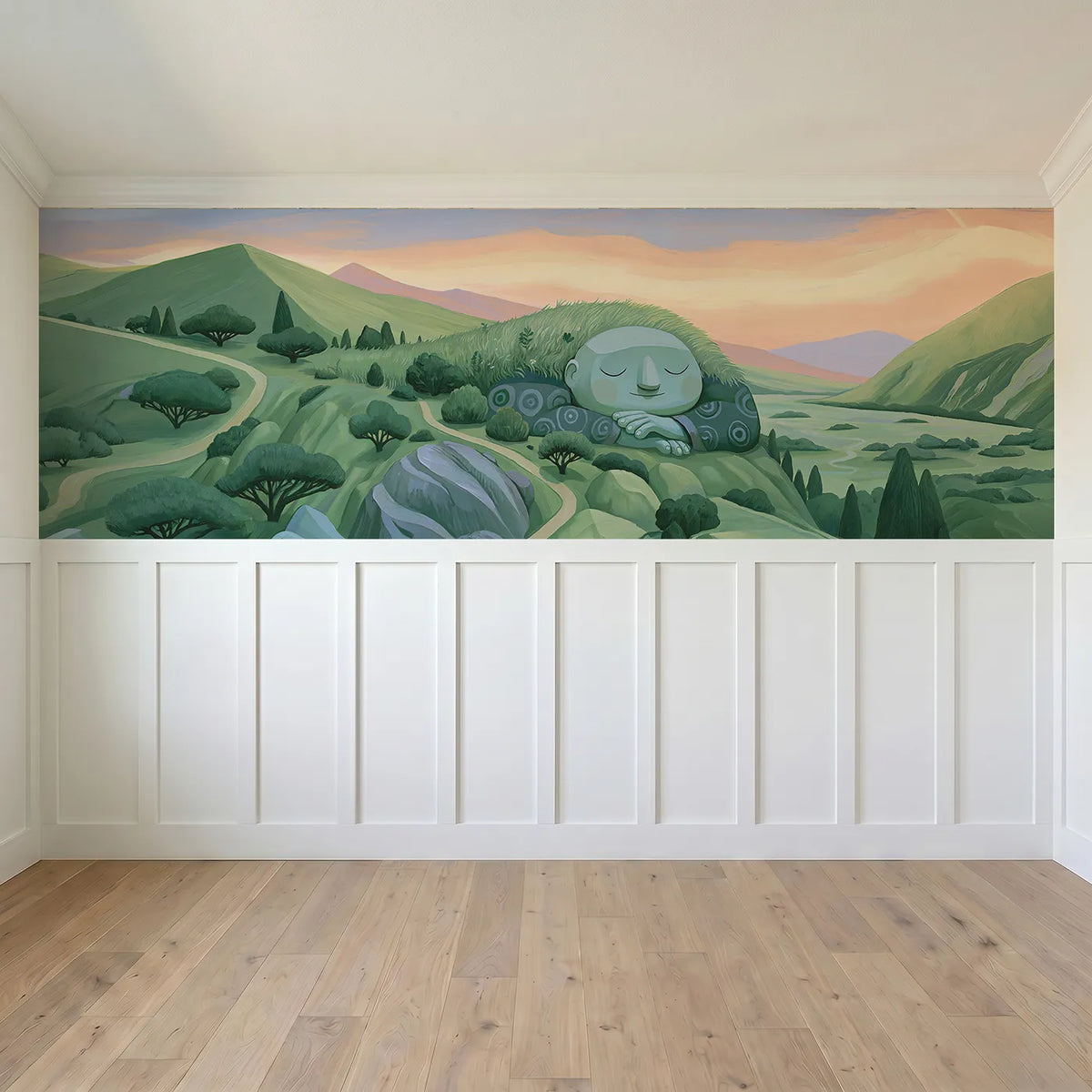 Full panel view of The Gentle Giant Asleep Wainscoting Wallpaper by Whimsy Tots