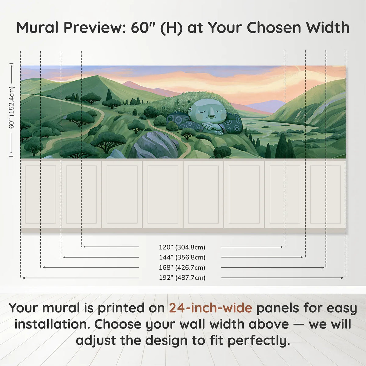 Panel dimensions for The Gentle Giant Asleep Wainscoting Wallpaper by Whimsy Tots
