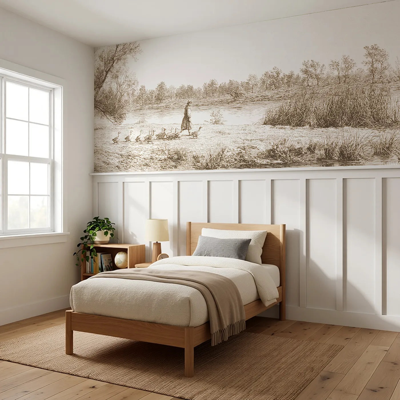 The Goose Girl Wainscoting Wallpaper in Brown styled in a kids room by Whimsy Tots