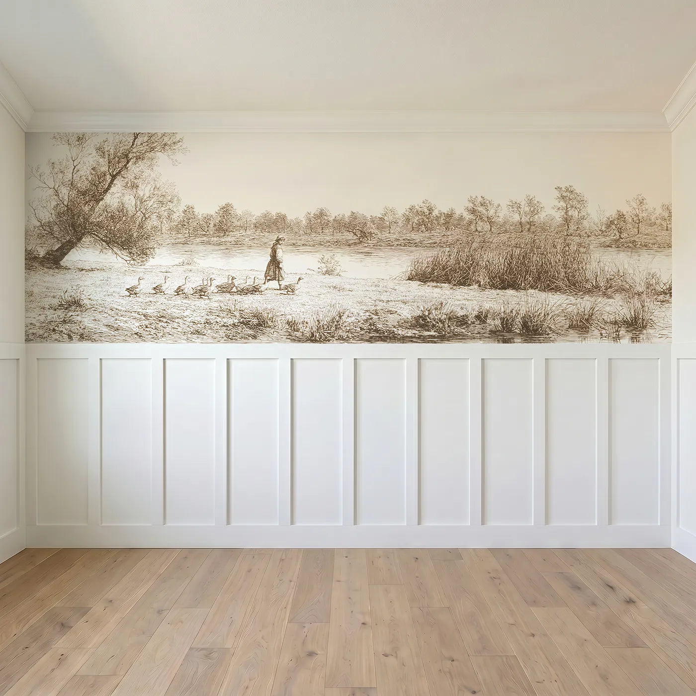 Full panel view of The Goose Girl Wainscoting Wallpaper in Brown by Whimsy Tots