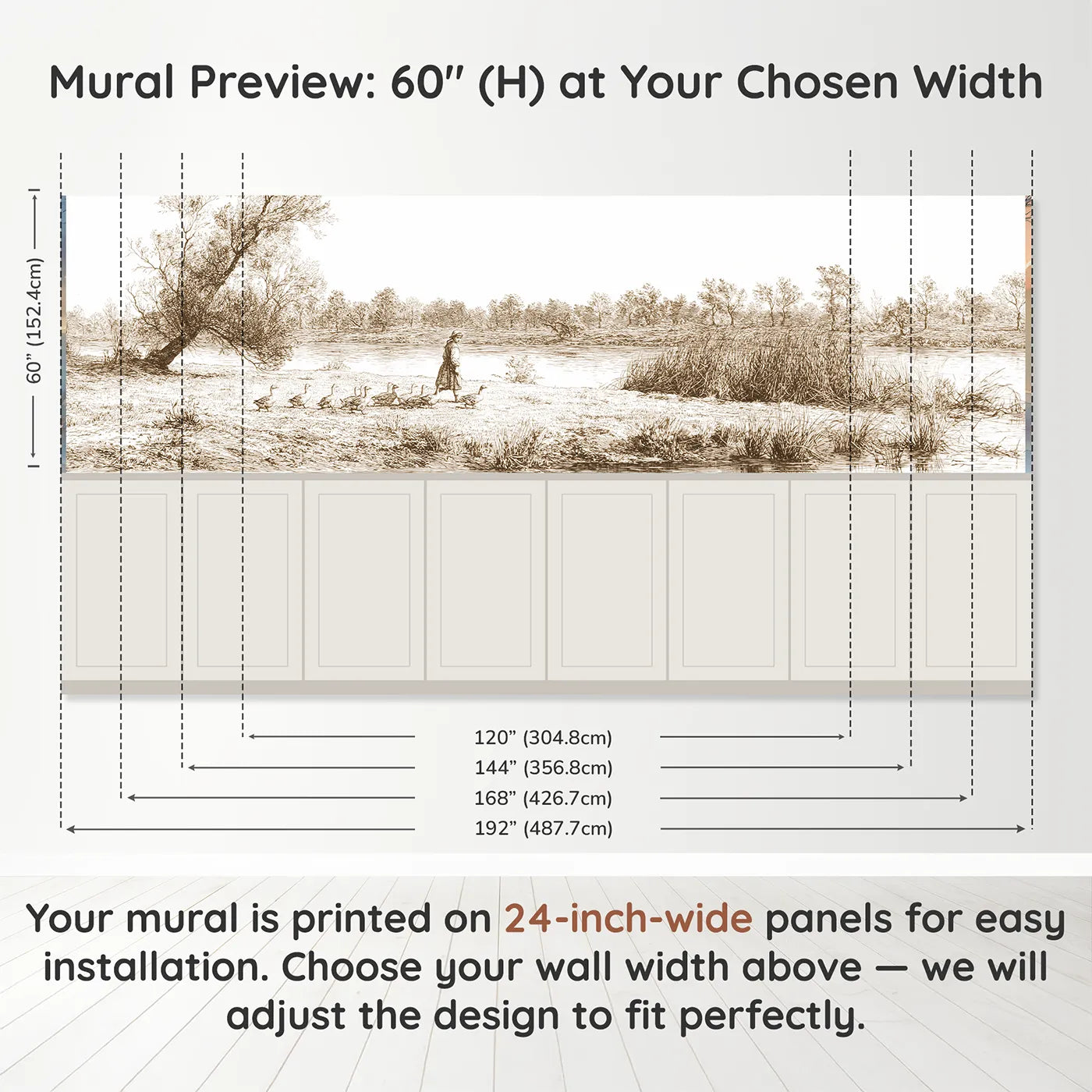 Panel dimensions for The Goose Girl Wainscoting Wallpaper in Brown by Whimsy Tots