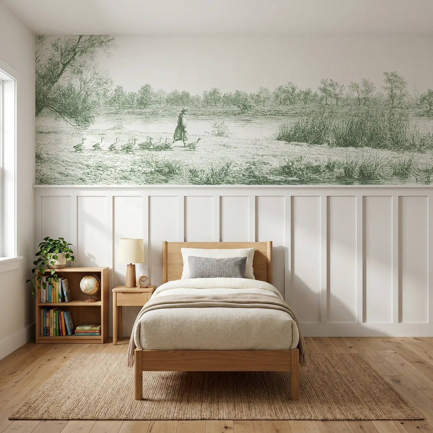 Toile wainscoting wallpaper of the goose girl in green by Whimsy Tots