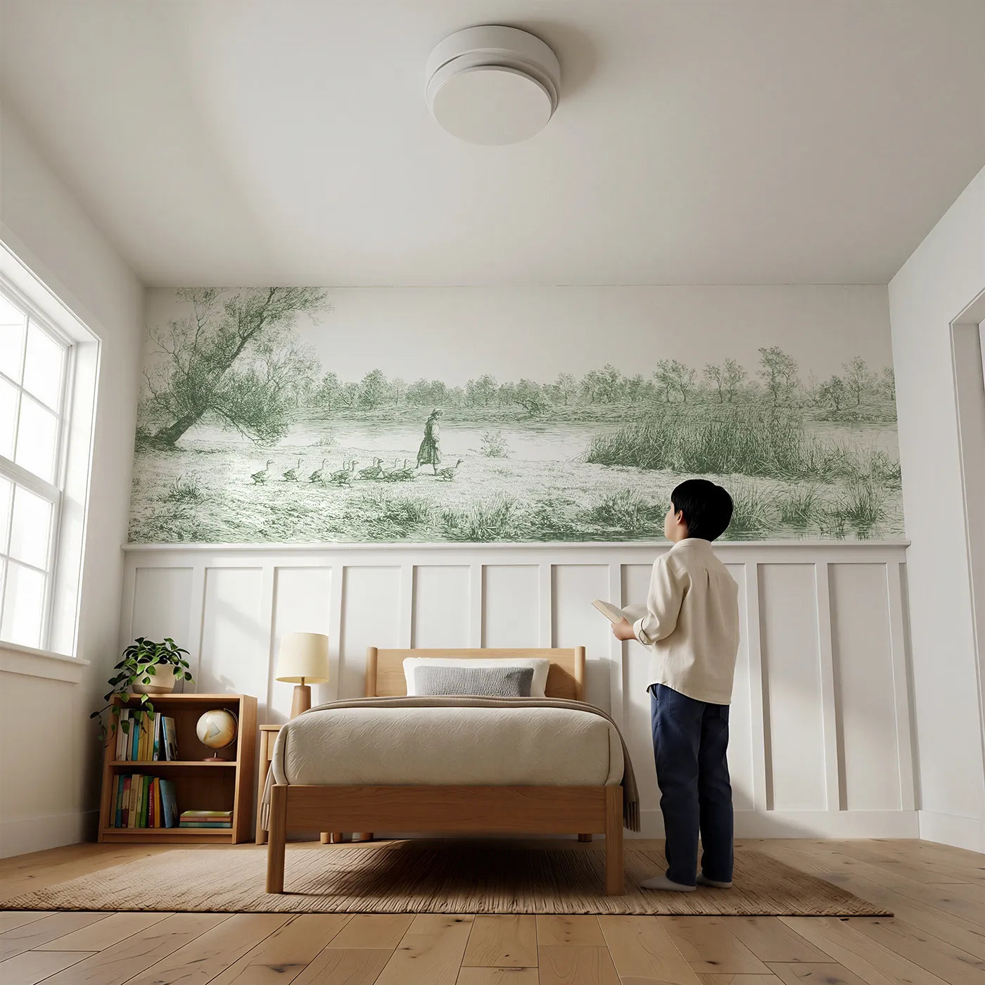 Child reading near The Goose Girl Wainscoting Wallpaper in Green by Whimsy Tots