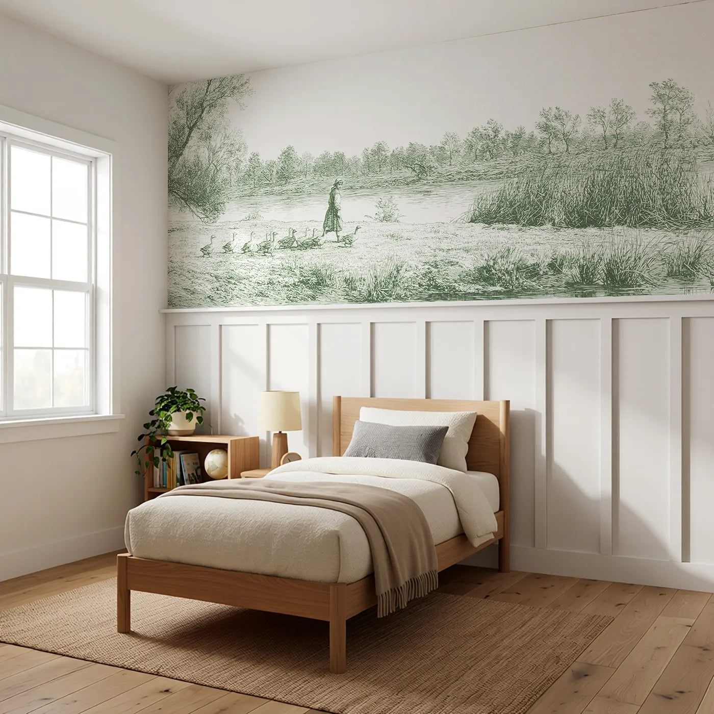 The Goose Girl Wainscoting Wallpaper in Green styled in a kids room by Whimsy Tots
