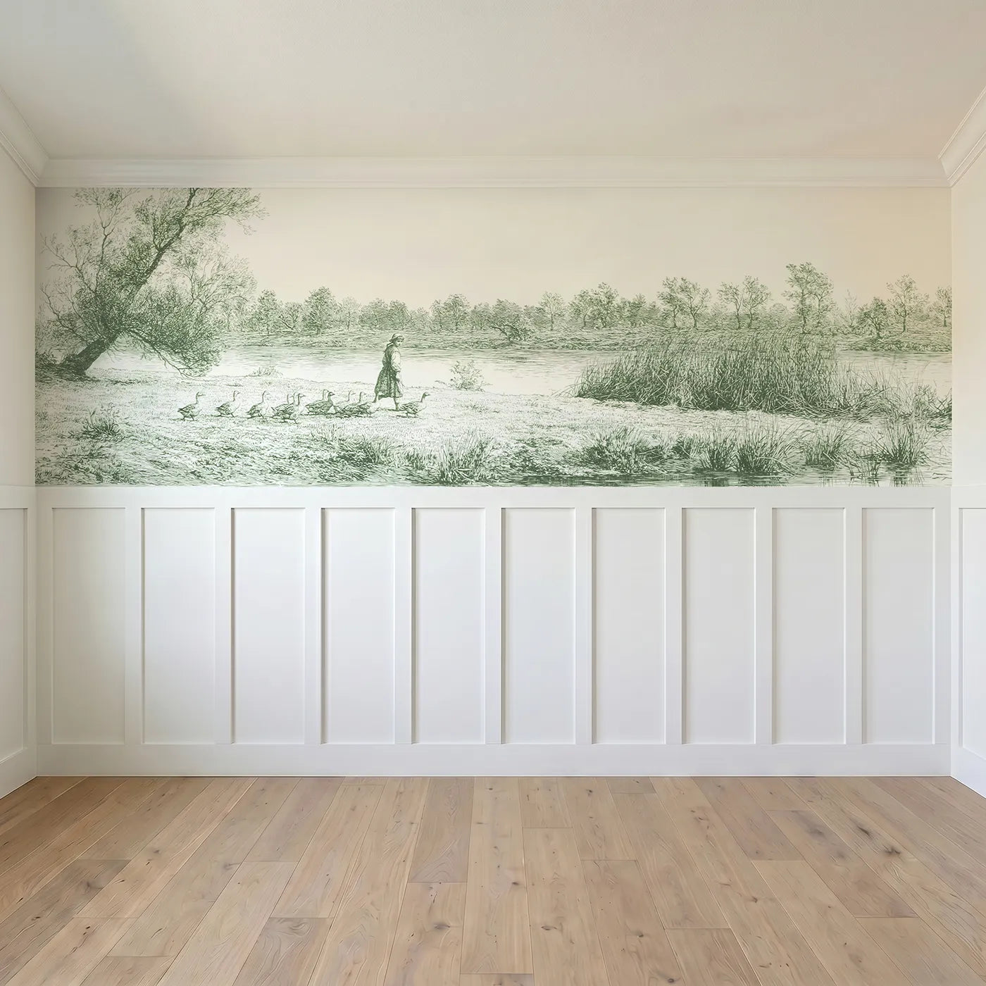 Full panel view of The Goose Girl Wainscoting Wallpaper in Green by Whimsy Tots