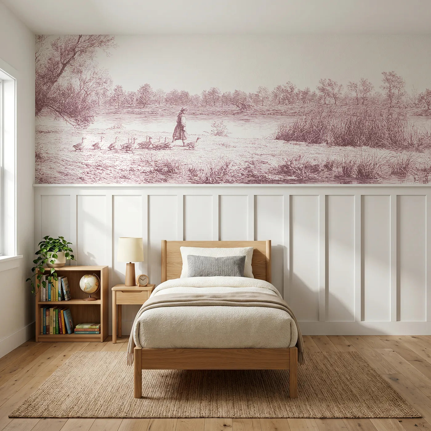 Toile wainscoting wallpaper of the goose girl in pink by Whimsy Tots