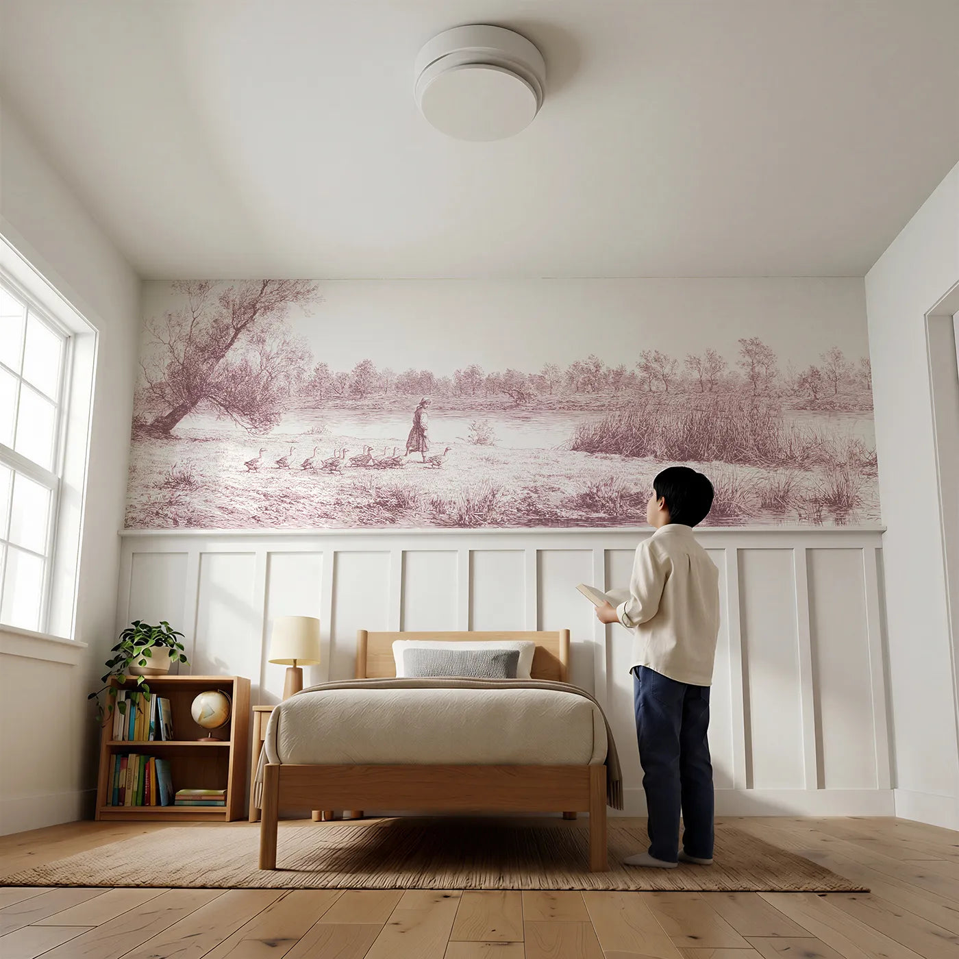Child reading near The Goose Girl Wainscoting Wallpaper in Pink by Whimsy Tots