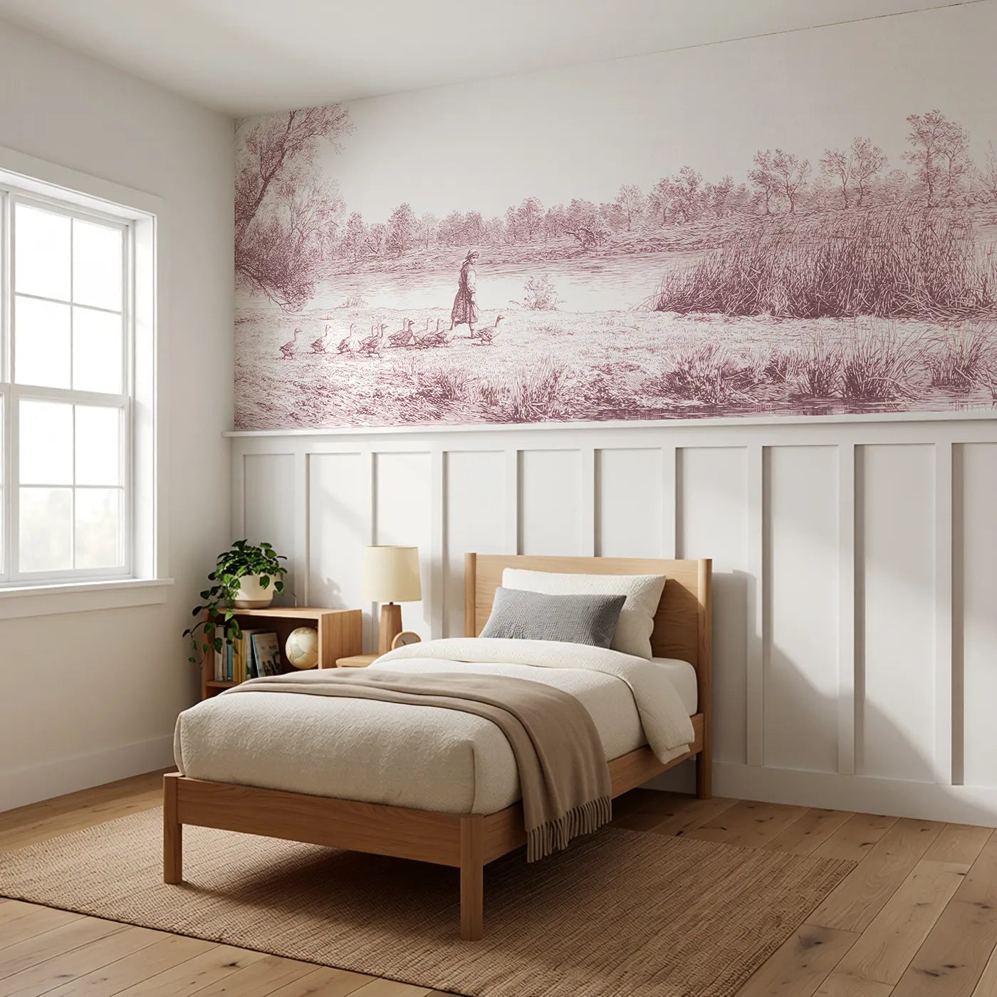 The Goose Girl Wainscoting Wallpaper in Pink styled in a kids room by Whimsy Tots
