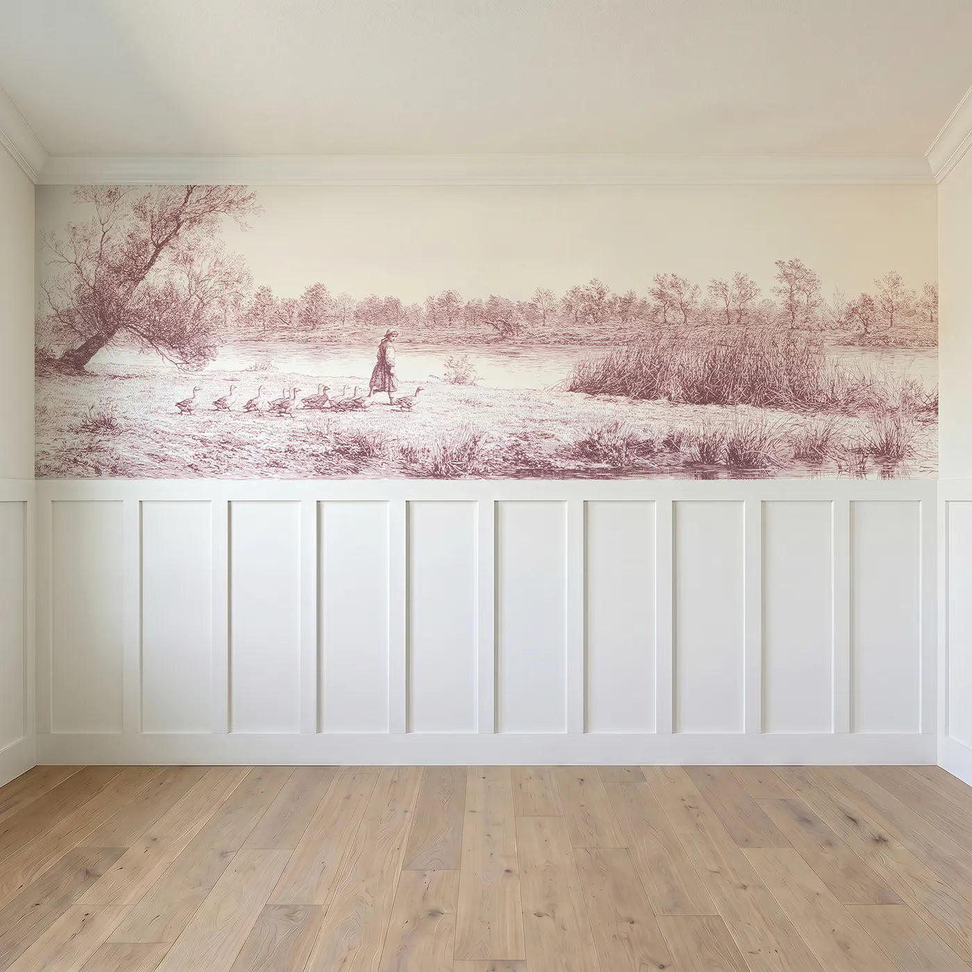 Full panel view of The Goose Girl Wainscoting Wallpaper in Pink by Whimsy Tots