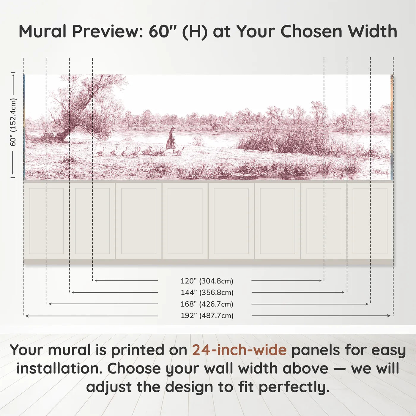 Panel dimensions for The Goose Girl Wainscoting Wallpaper in Pink by Whimsy Tots