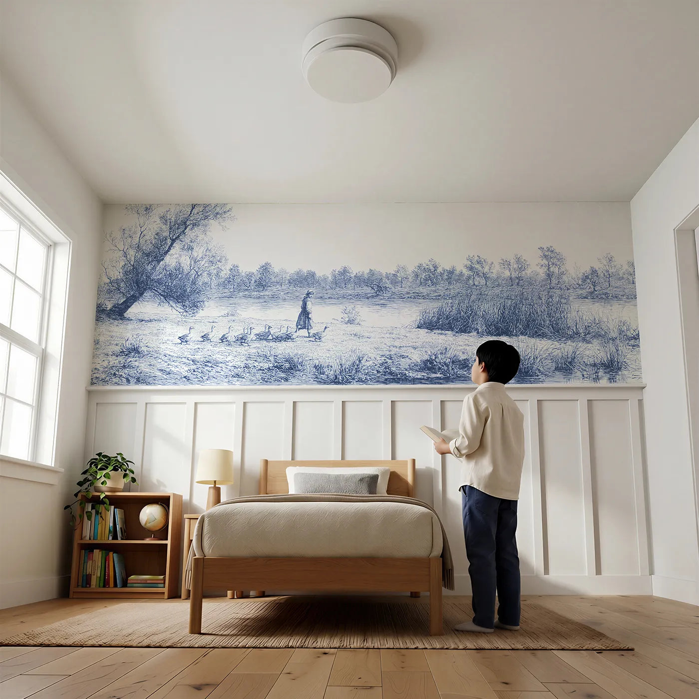 Child reading near The Goose Girl Wainscoting Wallpaper by Whimsy Tots