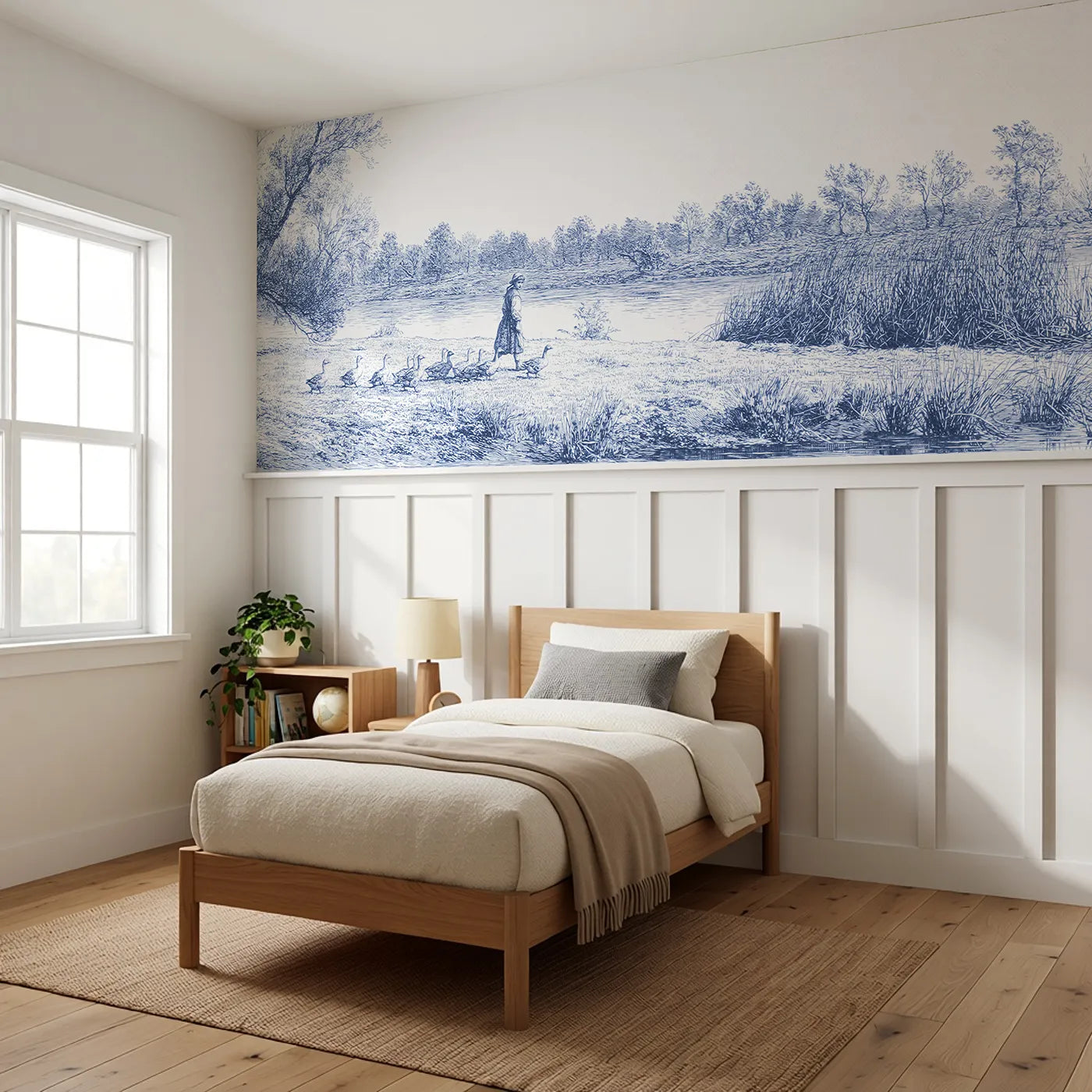 The Goose Girl Wainscoting Wallpaper styled in a kids room by Whimsy Tots