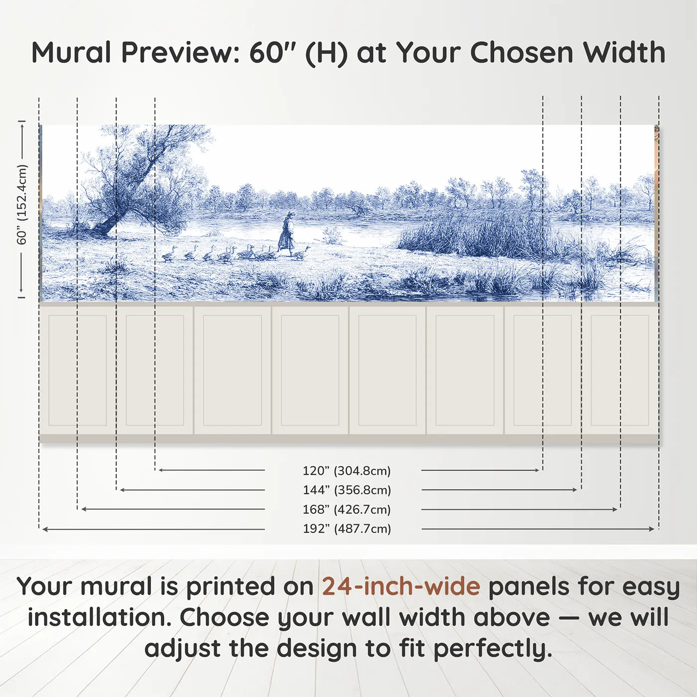 Panel dimensions for The Goose Girl Wainscoting Wallpaper by Whimsy Tots