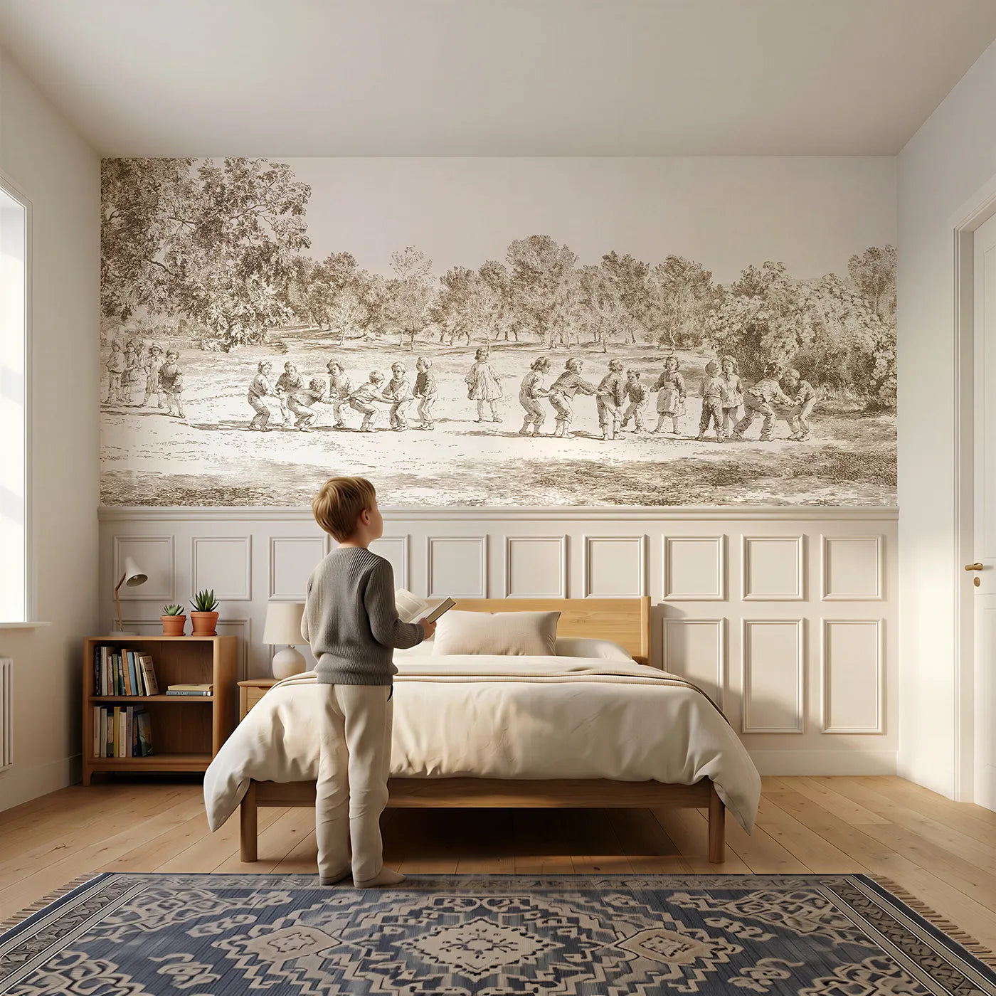 Child reading near Leapfrog On The Green Wainscoting Wallpaper in Brown by Whimsy Tots