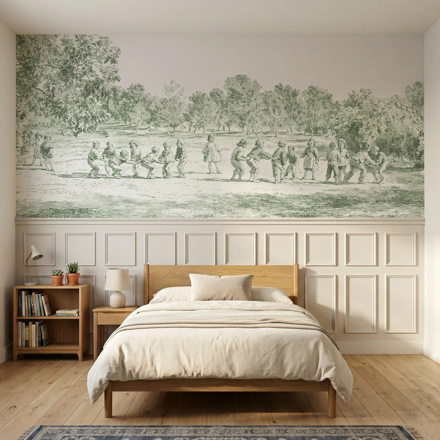 Toile wainscoting wallpaper of leapfrog on the green in green by Whimsy Tots