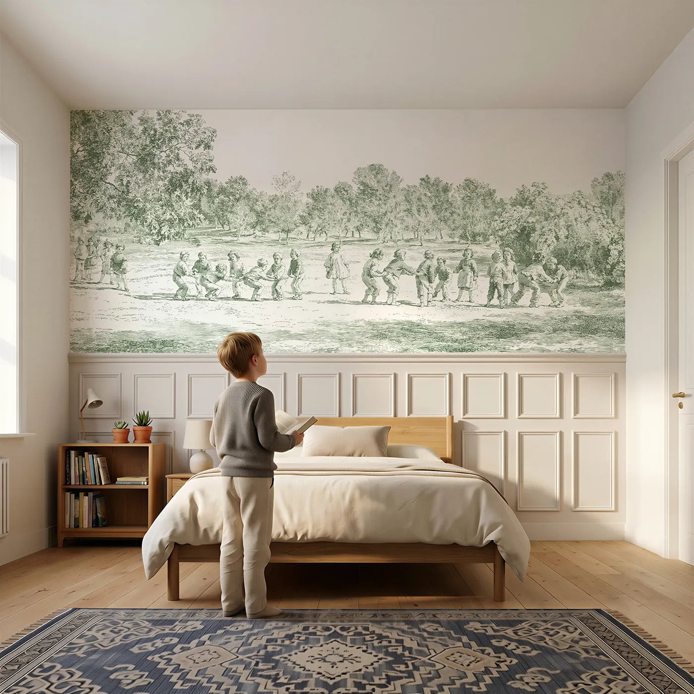 Child reading near Leapfrog On The Green Wainscoting Wallpaper in Green by Whimsy Tots