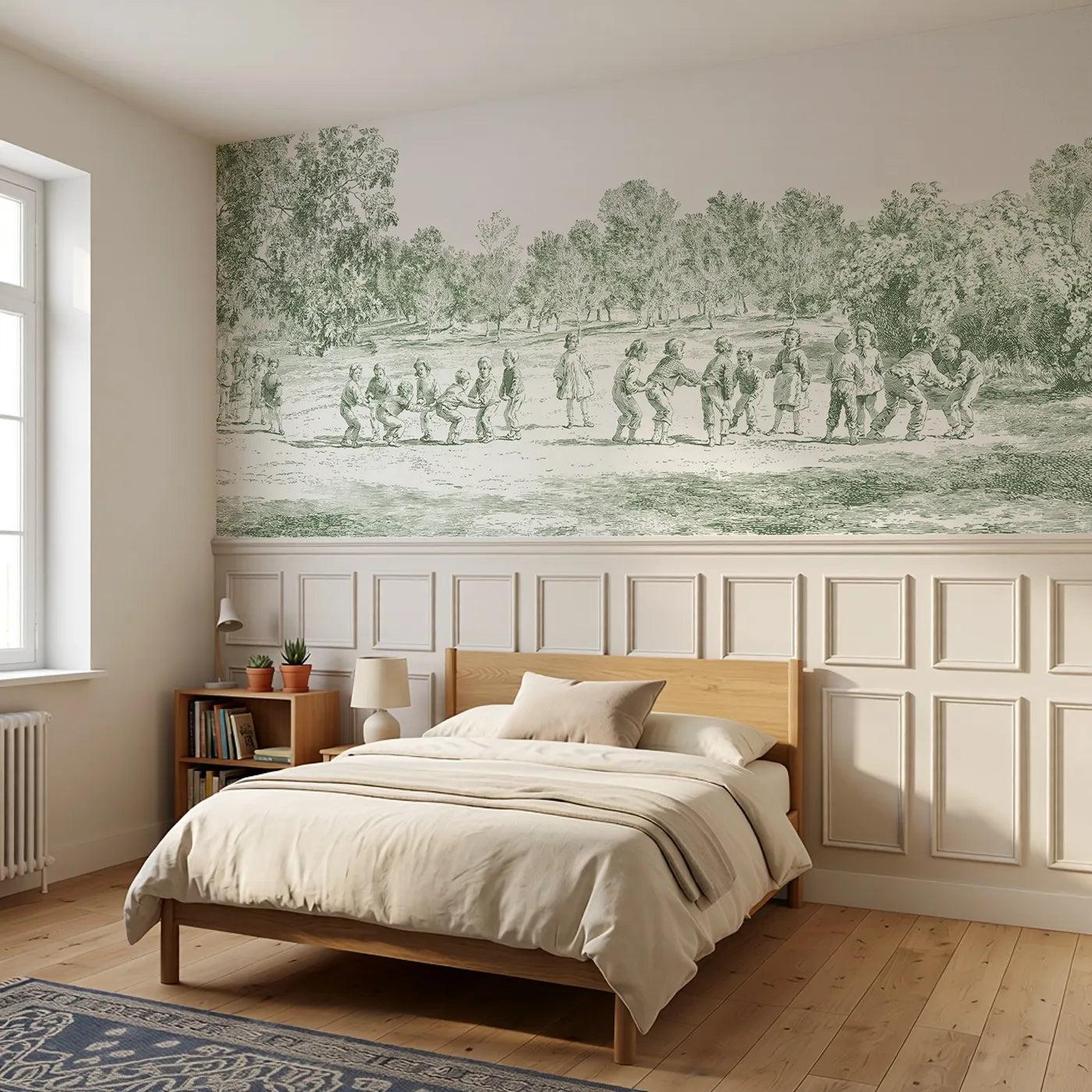 Leapfrog On The Green Wainscoting Wallpaper in Green styled in a kids room by Whimsy Tots