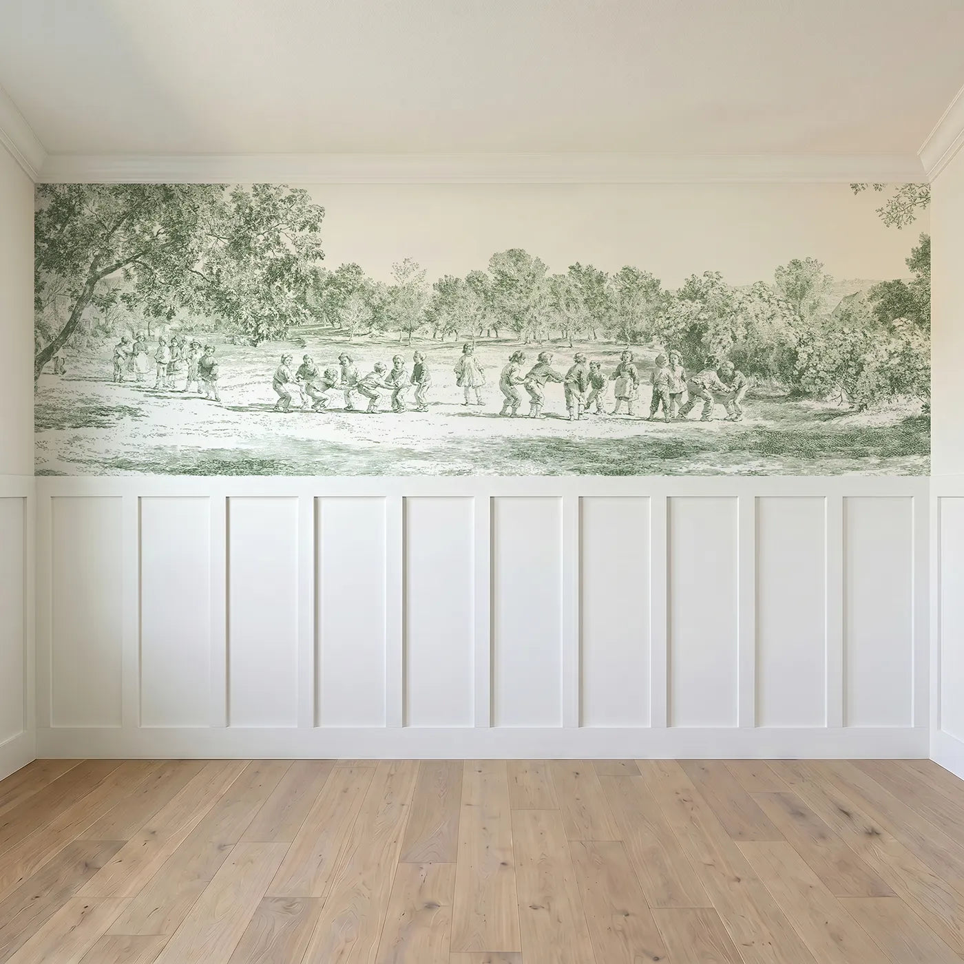 Full panel view of Leapfrog On The Green Wainscoting Wallpaper in Green by Whimsy Tots
