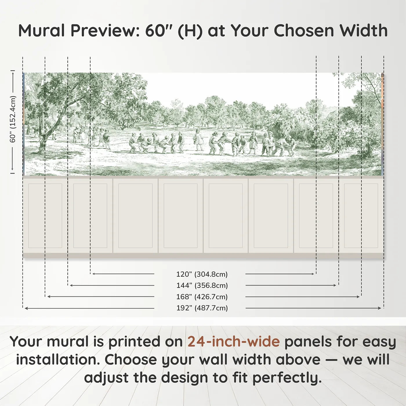 Panel dimensions for Leapfrog On The Green Wainscoting Wallpaper in Green by Whimsy Tots
