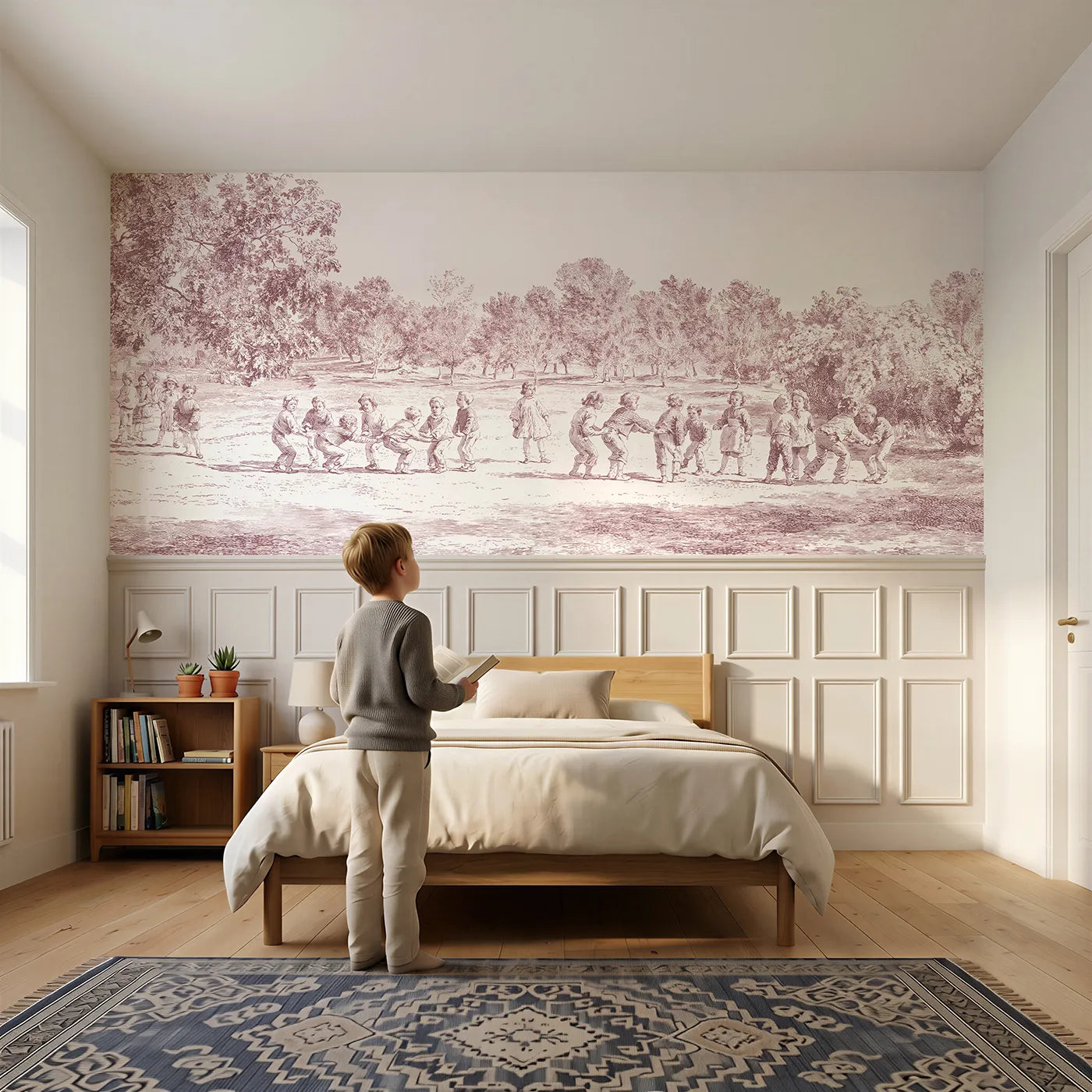Child reading near Leapfrog On The Green Wainscoting Wallpaper in Pink by Whimsy Tots