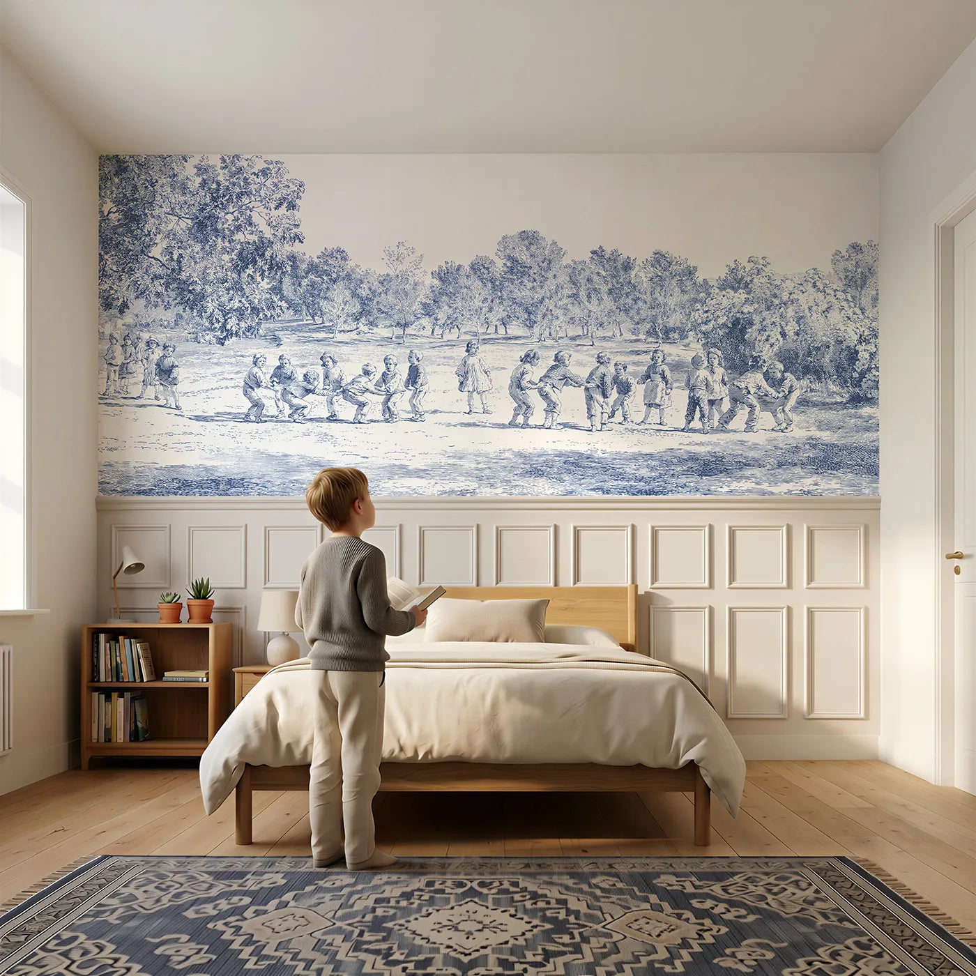 Child reading near Leapfrog On The Green Wainscoting Wallpaper by Whimsy Tots
