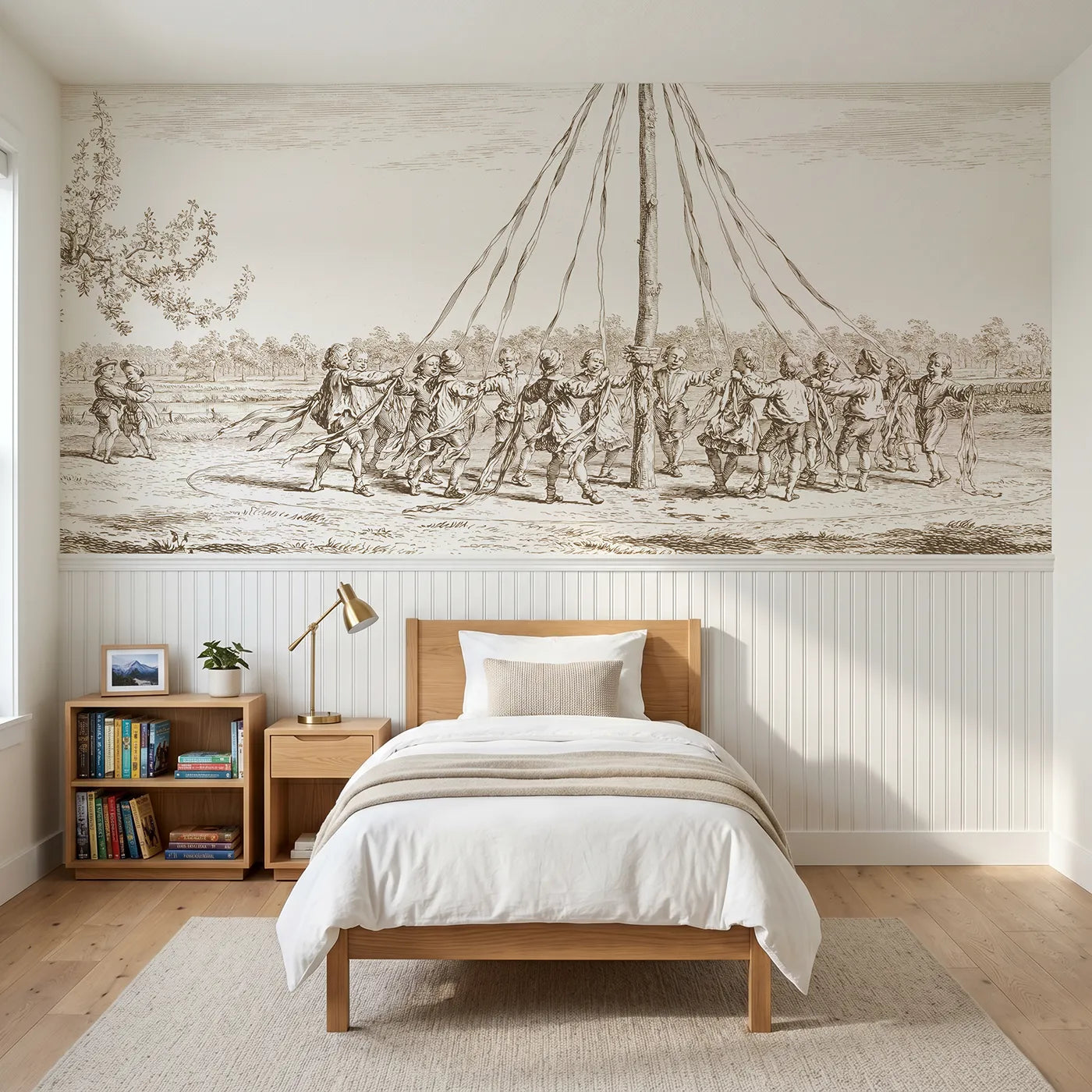 Toile wainscoting wallpaper of around the maypole in brown by Whimsy Tots