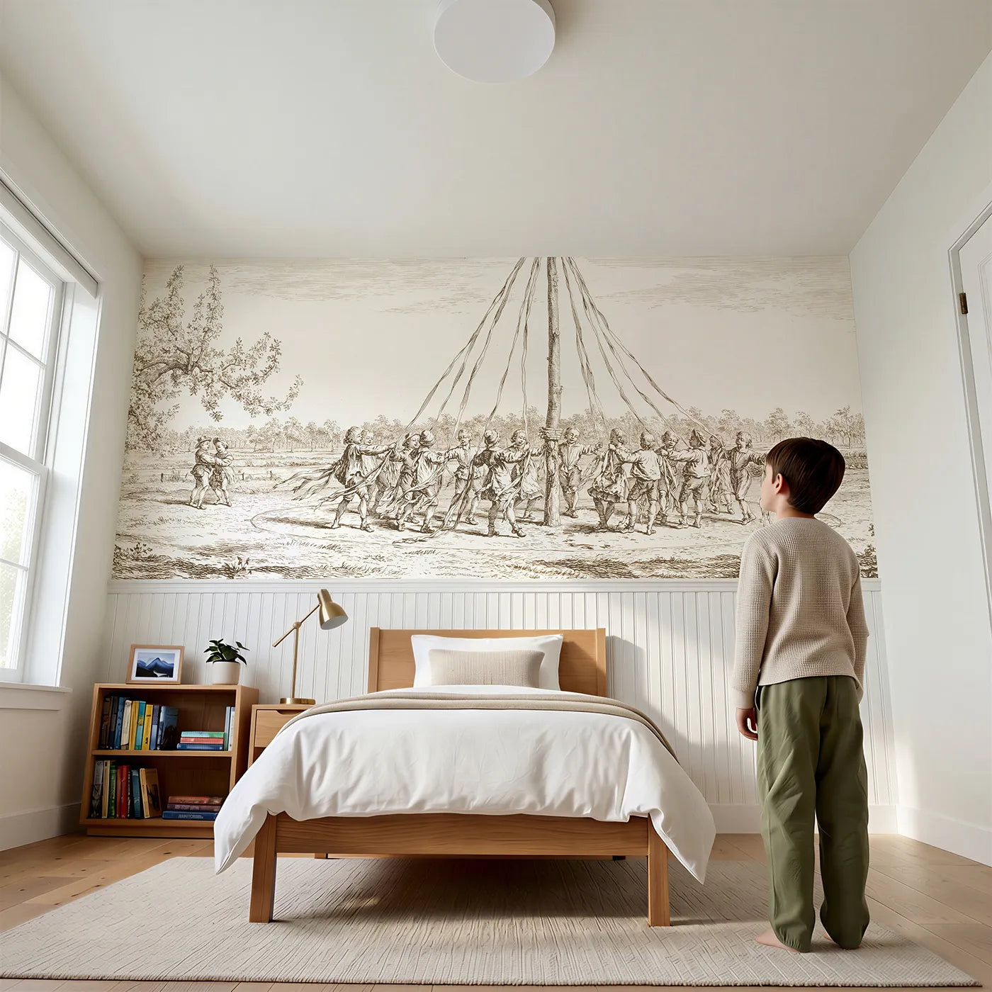 Child reading near Around The Maypole Wainscoting Wallpaper in Brown by Whimsy Tots