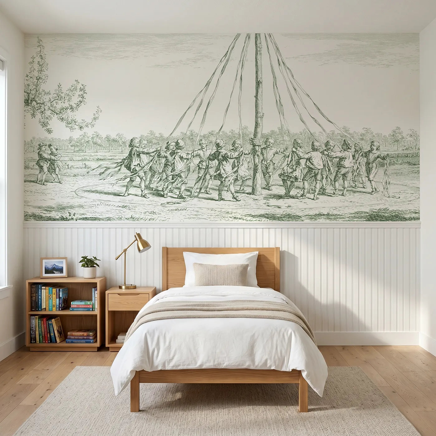 Toile wainscoting wallpaper of around the maypole in green by Whimsy Tots