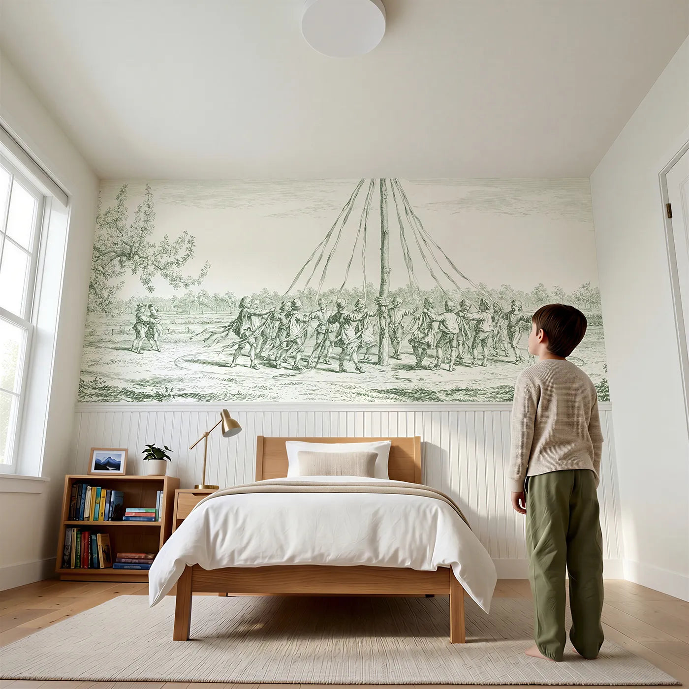 Child reading near Around The Maypole Wainscoting Wallpaper in Green by Whimsy Tots