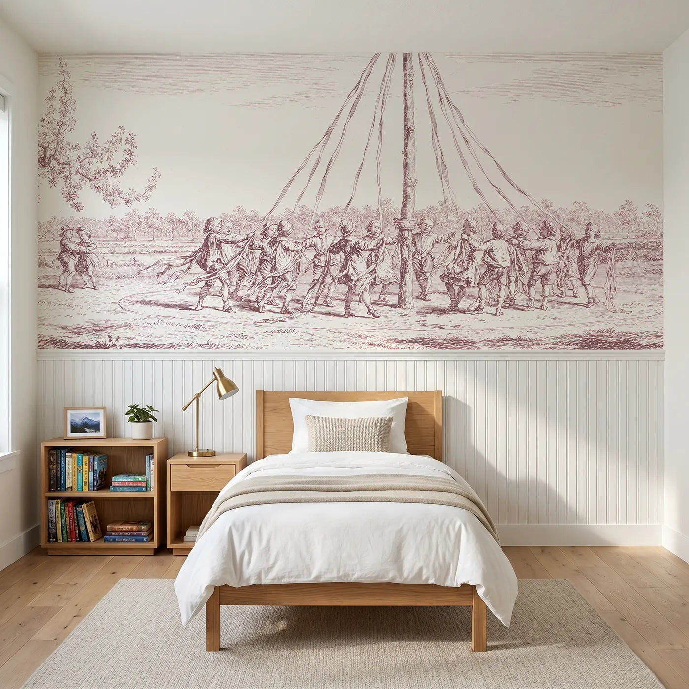 Toile wainscoting wallpaper of around the maypole in pink by Whimsy Tots