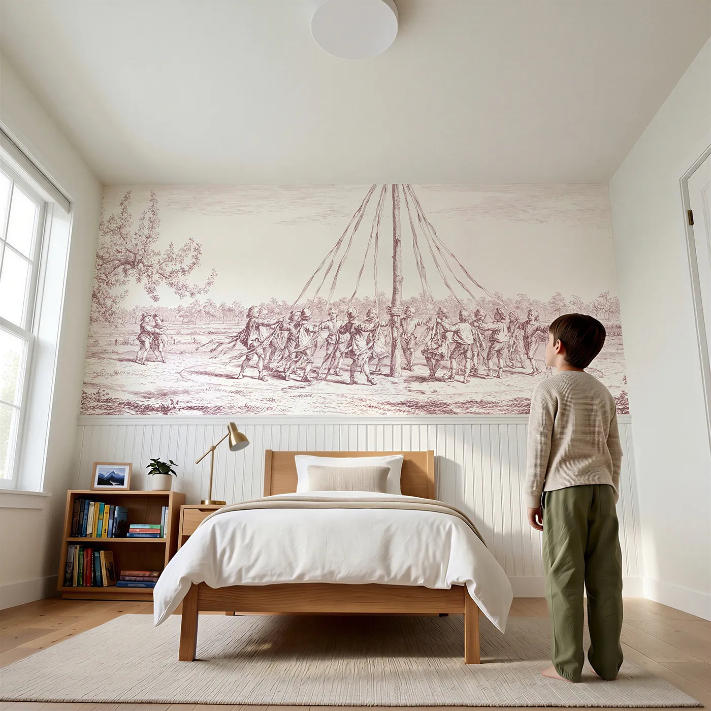Child reading near Around The Maypole Wainscoting Wallpaper in Pink by Whimsy Tots