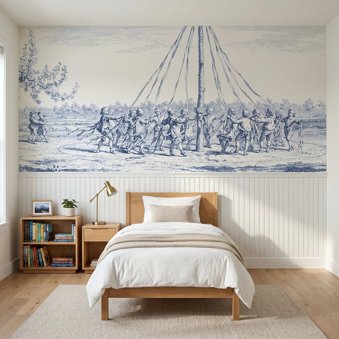 Toile wainscoting wallpaper of around the maypole by Whimsy Tots