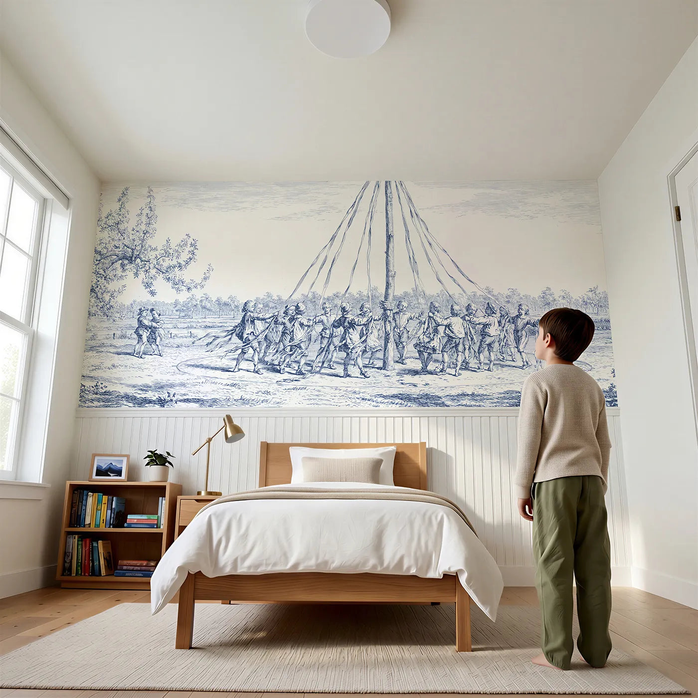 Child reading near Around The Maypole Wainscoting Wallpaper by Whimsy Tots