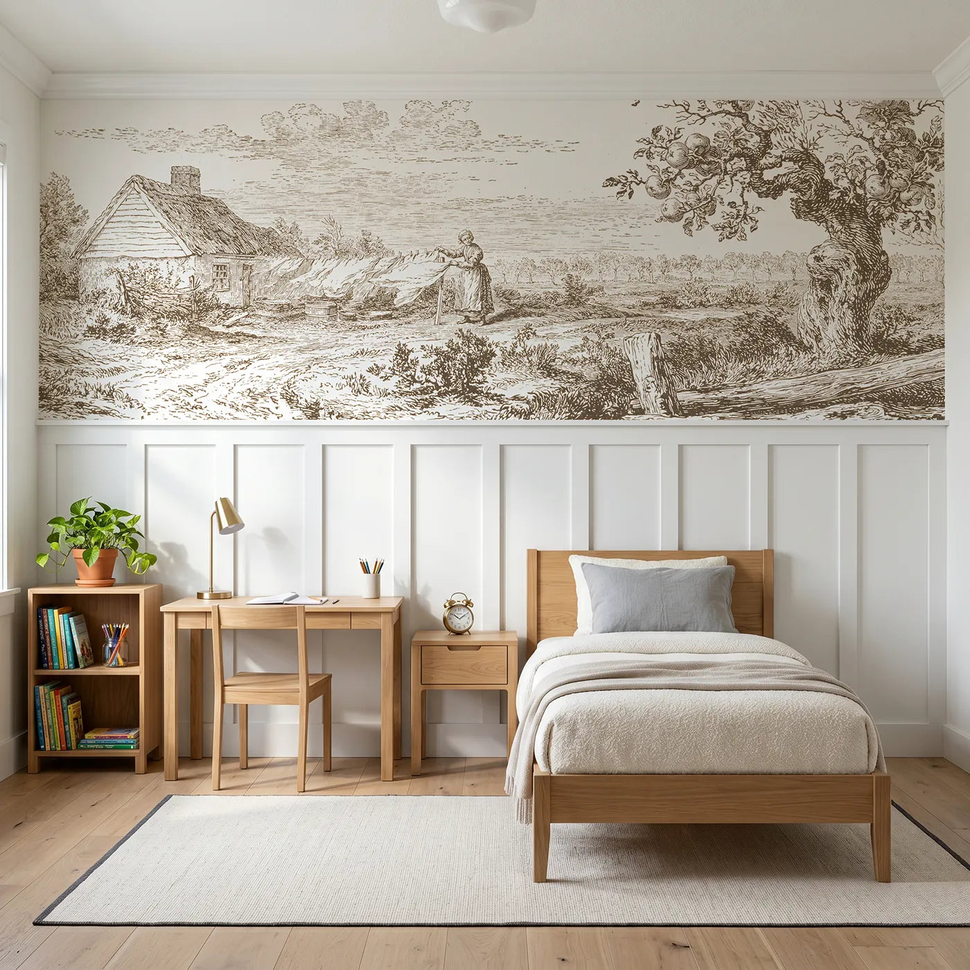 Toile wainscoting wallpaper of linens on the line in brown by Whimsy Tots