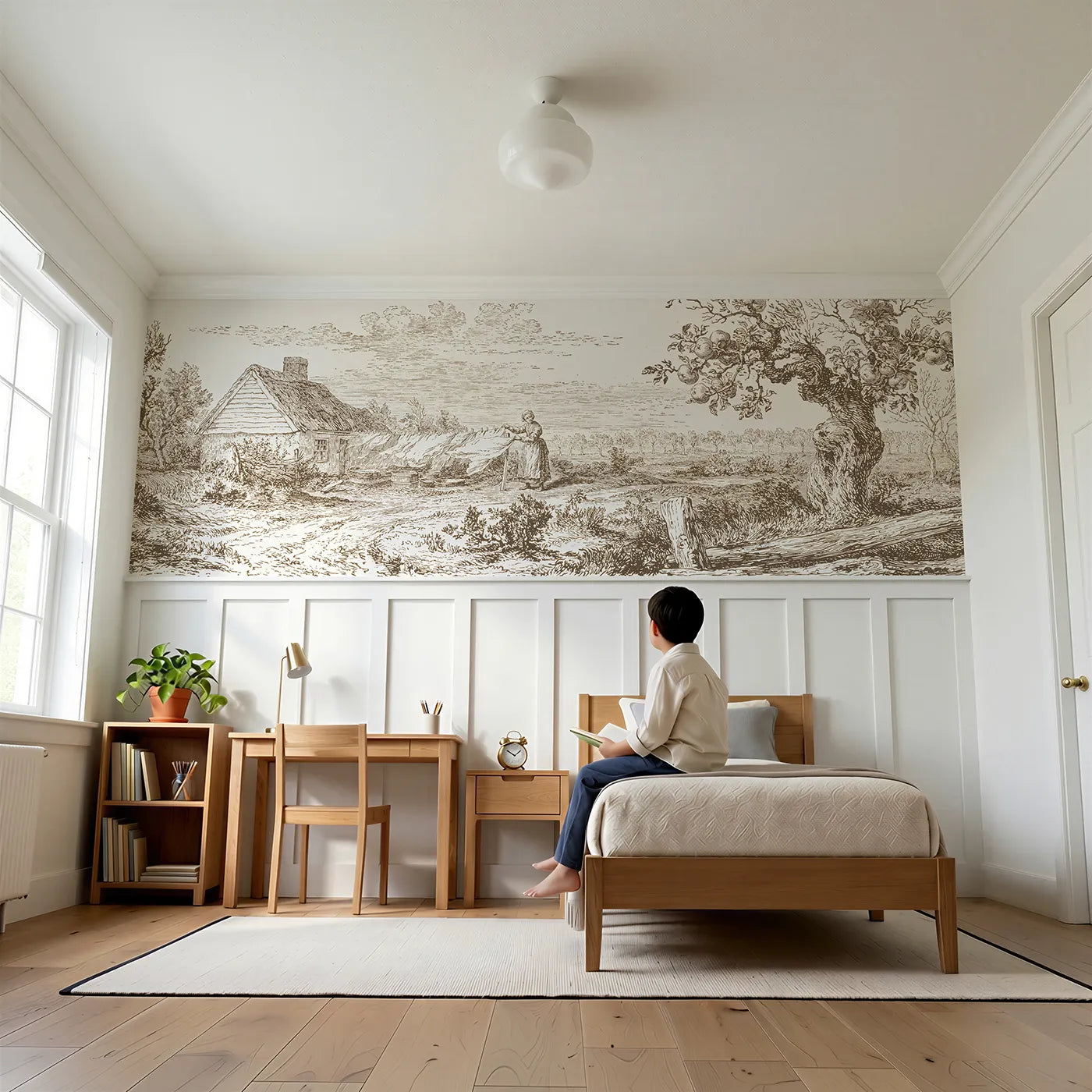 Child reading near Linens On The Line Wainscoting Wallpaper in Brown by Whimsy Tots