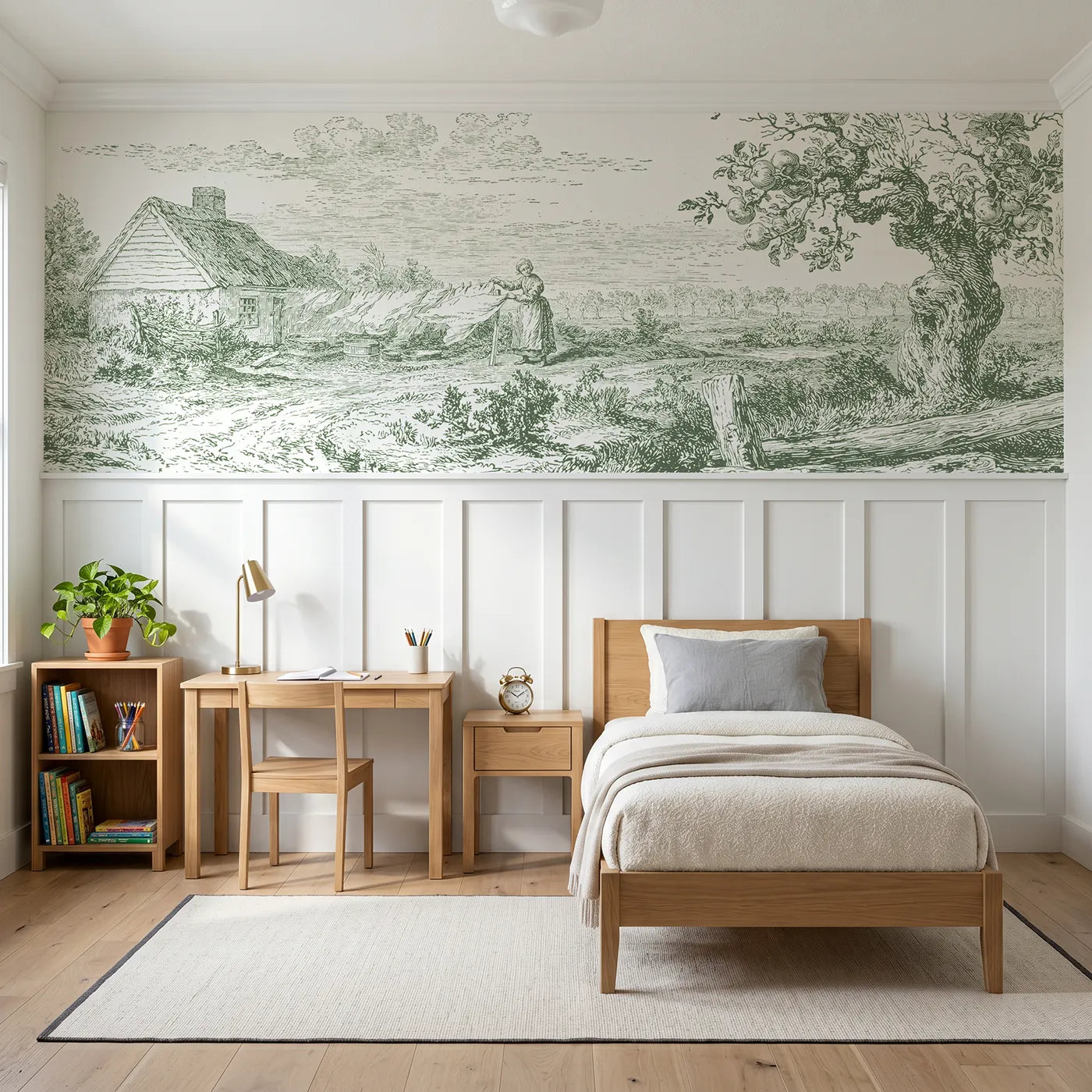 Toile wainscoting wallpaper of linens on the line in green by Whimsy Tots