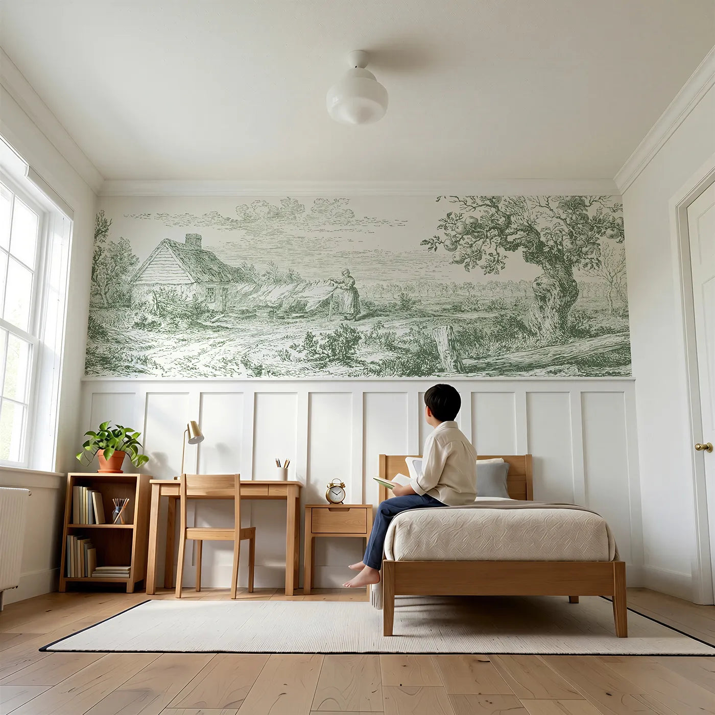Child reading near Linens On The Line Wainscoting Wallpaper in Green by Whimsy Tots