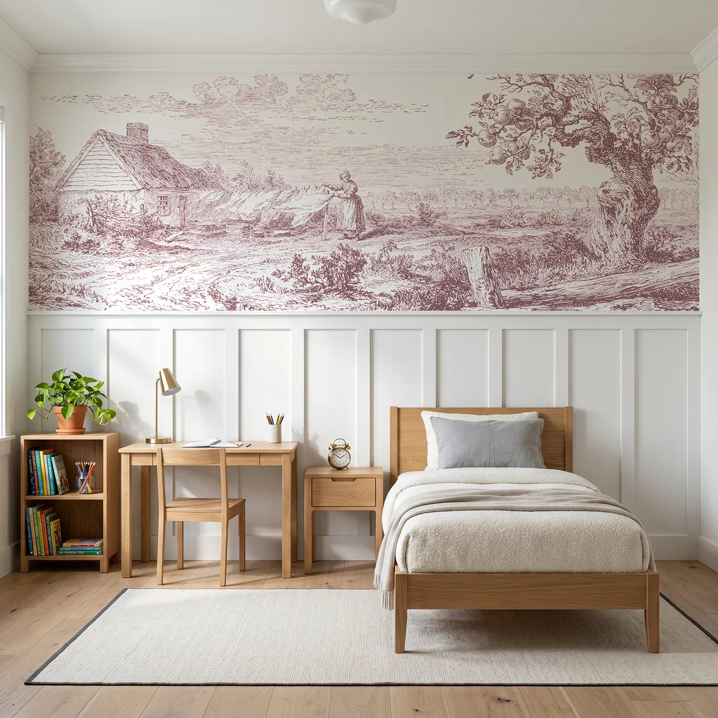 Toile wainscoting wallpaper of linens on the line in pink by Whimsy Tots