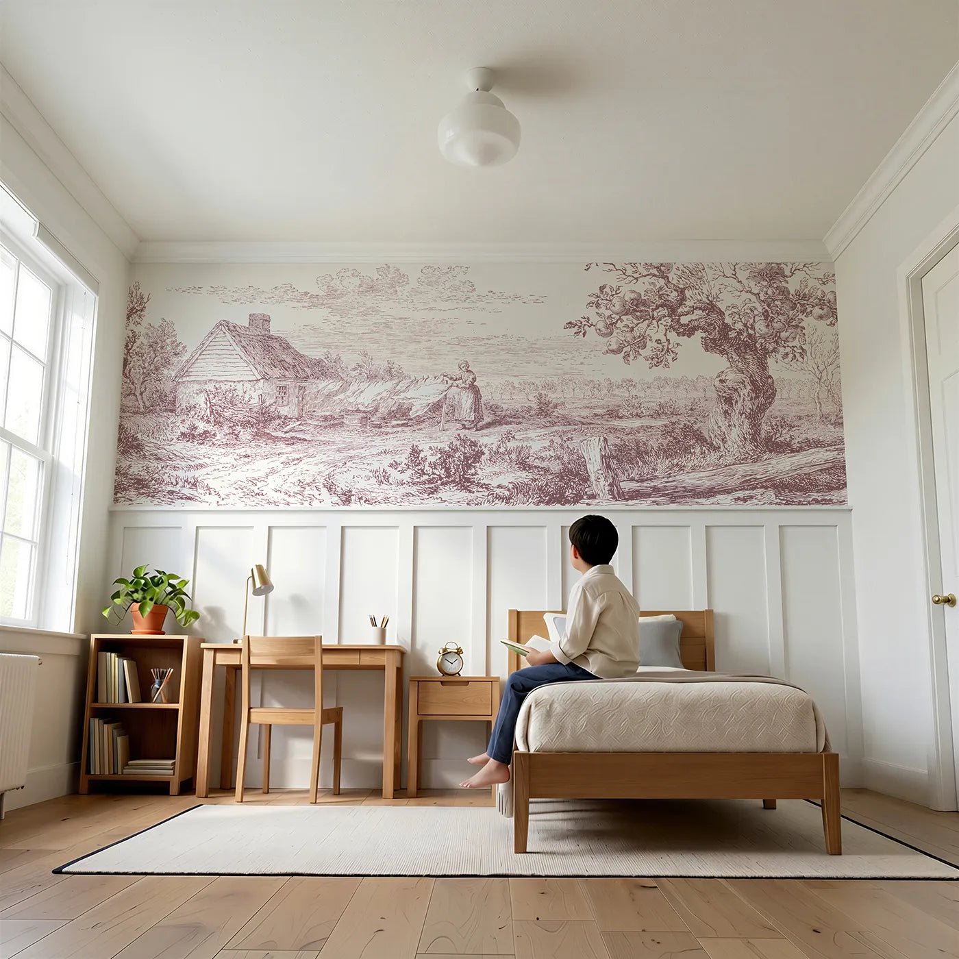Child reading near Linens On The Line Wainscoting Wallpaper in Pink by Whimsy Tots