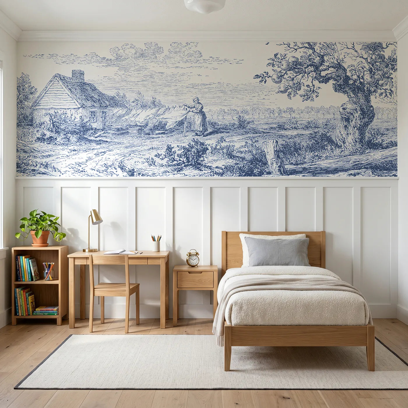 Toile wainscoting wallpaper of linens on the line by Whimsy Tots