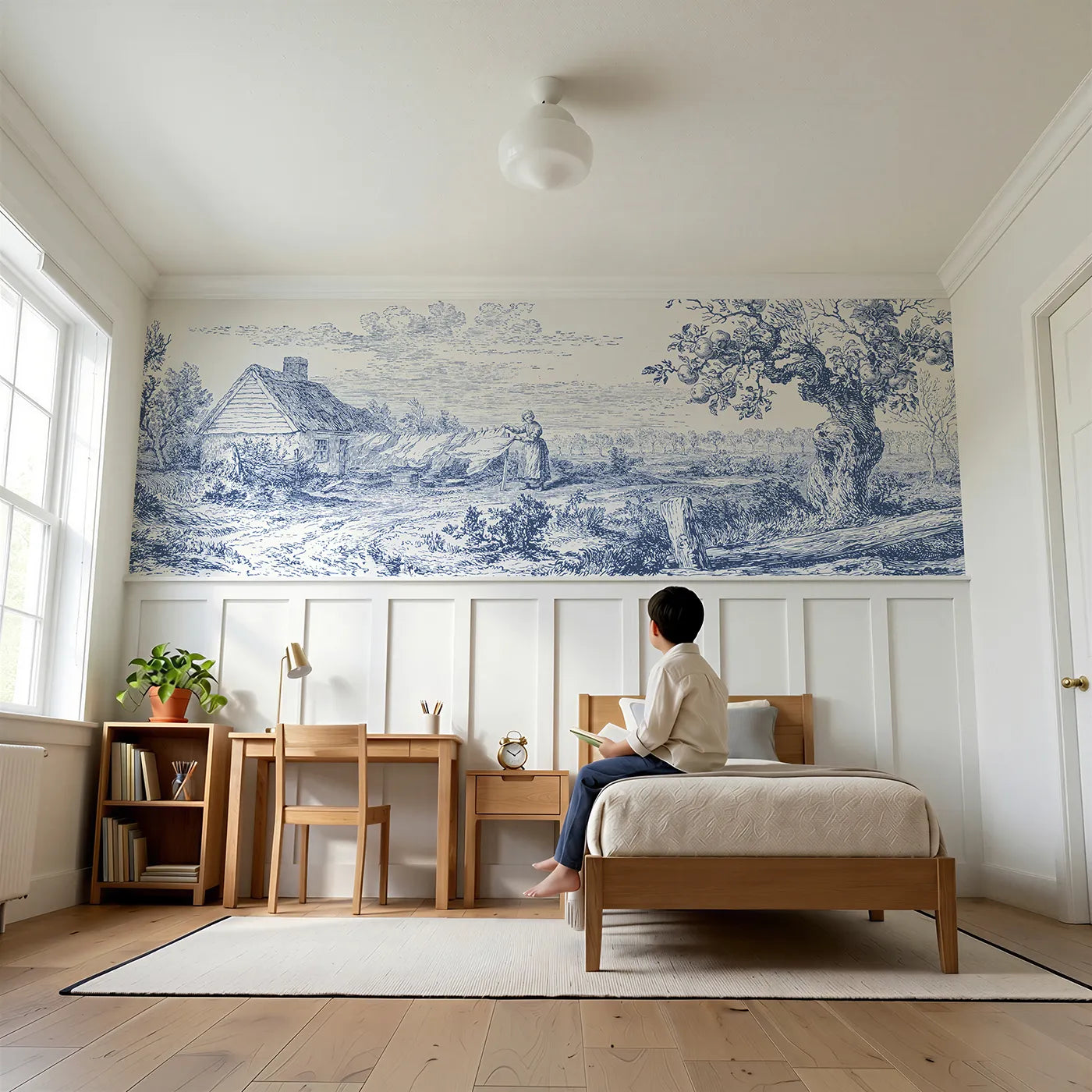 Child reading near Linens On The Line Wainscoting Wallpaper by Whimsy Tots