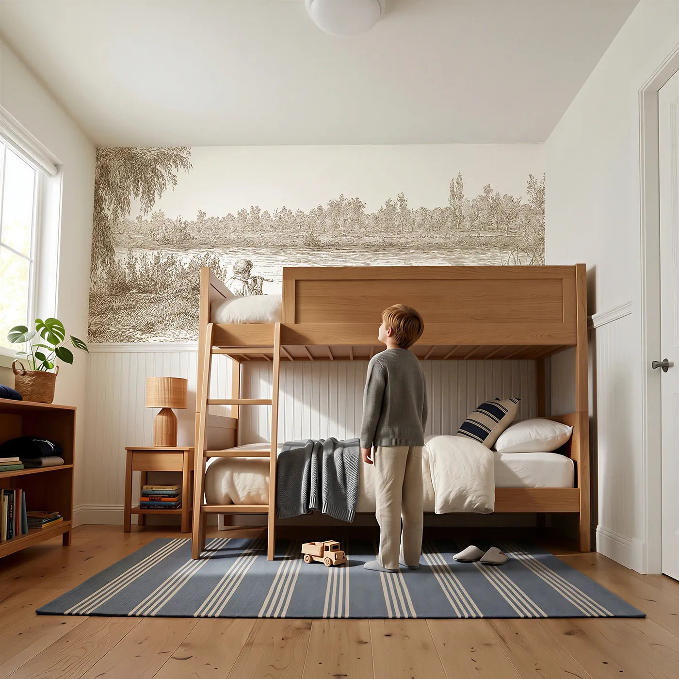 Child reading near The Flute By The Stream Wainscoting Wallpaper in Brown by Whimsy Tots