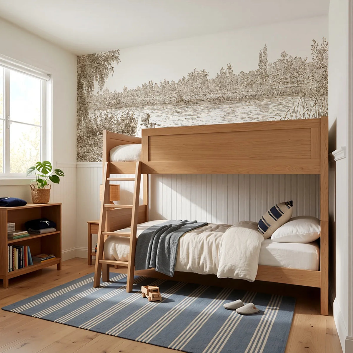 The Flute By The Stream Wainscoting Wallpaper in Brown styled in a kids room by Whimsy Tots