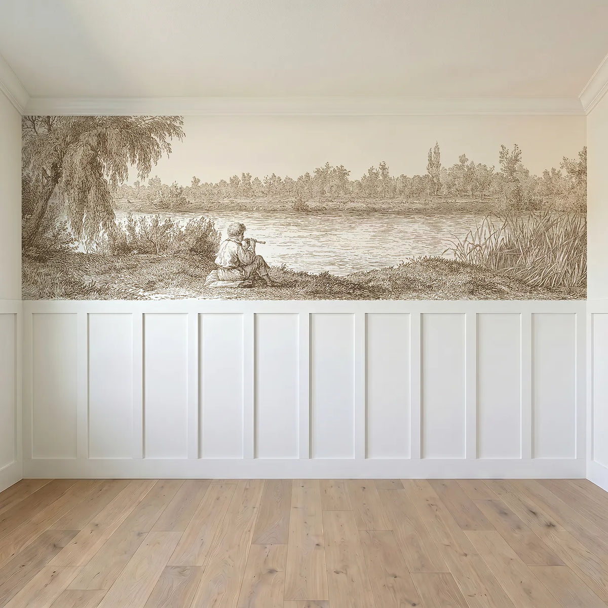 Full panel view of The Flute By The Stream Wainscoting Wallpaper in Brown by Whimsy Tots